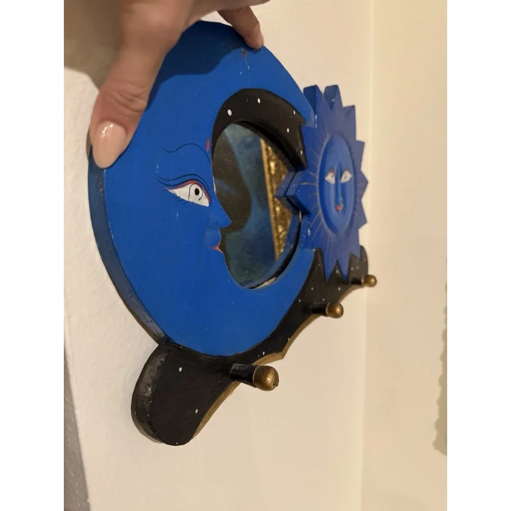 Vintage 90s Hand Painted Sun Moon Celestial Wall Mirror Coat Hooks Blue Black